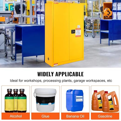 VEVOR Flammable Cabinet, 45 Gal, 18" x 43" x 65", Yellow | Cold-Rolled Steel, Explosion Proof, 2 Adjustable Shelves, 2 Manual Doors, Industrial Use