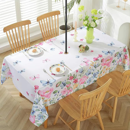 Spring Summer Floral Tablecloth with Umbrella Hole Rectangle 60 x 84 Inch Wildflower Butterfly Zippered Table Cloth, Waterproof Polyester Table Cover for Dining, Party, Picnic, Indoor, Outdoor, Pink