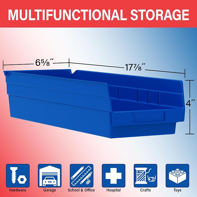 Akro-Mils 30138 Heavy Duty Plastic Shelf Bins, 18"x 6.5"x 4", Red, 12-Pk | Heavy Duty Nesting Storage Bins for Garage, Closet, Refrigerator, Kitchen, Cabinet, Drawer Organization, Pantry Organization