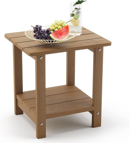 LUE BONA Outdoor Side Table, 2-Tier HDPS Small Patio Table, Brown | 2-Tier Shelf for Extra Storage, Small End Table for Pool, Porch, Balcony, Weather Resistant HDPS, Easy Clean
