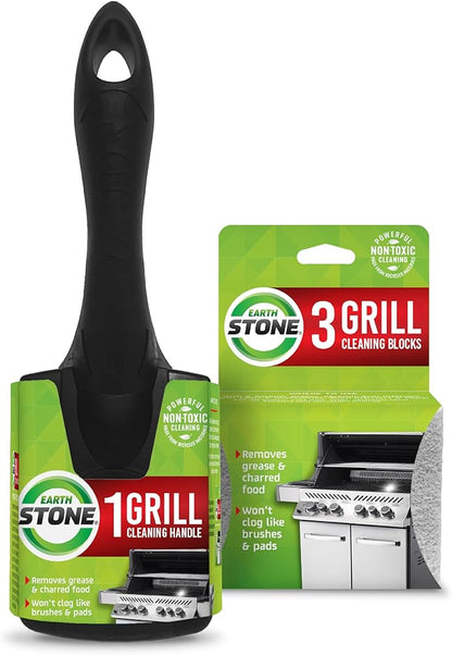 EarthStone Grill Cleaning Block Kit, Bristle Free Grill Scraper, 3 Grill Cleaning Blocks and 7" EZ-Grip Handle