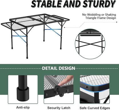 WildFinder Folding Table with 2 Wing Panels, 3x2 FT Camping Table with Mesh Desktop,Height Adjustable Folding Grill Table with Mesh Bag,Portable Outdoor Table for Picnic,Camping,BBQ,Beach(Black)