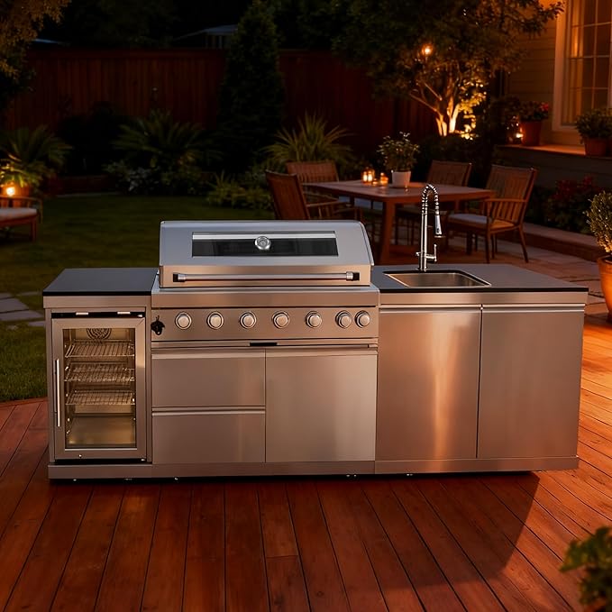 96-Inch 6-Burner Propane Gas Outdoor Grill Island, 85000 BTU Stainless Steel BBQ with Refrigerator, Sink, Granite Countertops, For Backyard BBQ, Silver