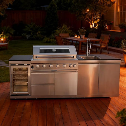 96-Inch 6-Burner Propane Gas Outdoor Grill Island, 85000 BTU Stainless Steel BBQ with Refrigerator, Sink, Granite Countertops, For Backyard BBQ, Silver