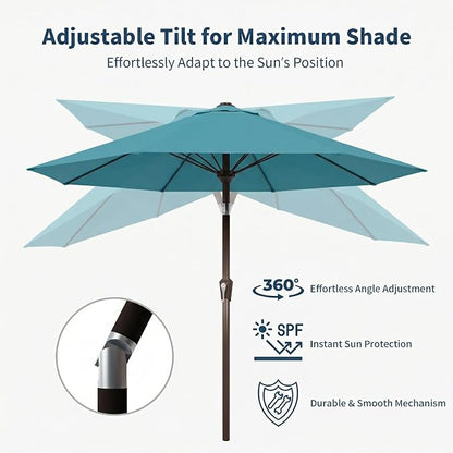 10FT Patio Umbrella Outdoor Market Umbrella with Crank and Tilt, 8 Flexible Fiberglass Ribs, UV-Resistant Waterproof Canopy for Patio, Deck, Garden, Backyard, Sky Blue