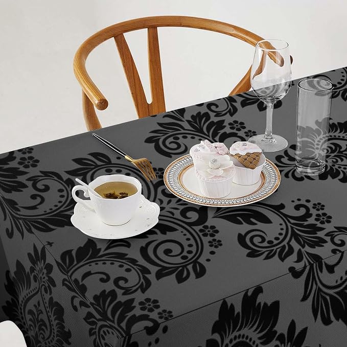 Gothic Black Damask Tablecloth, Vintage Floral Exotic Bohemian Antique Victorian Table Cloth Water Resistant Table Cover for Farmhouse Party Holiday Kitchen Dinner Table 60x110