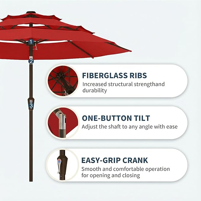 PatioKingdom 9ft 3-Tier Patio Market Umbrella with Crank/Tilt, Commercial Heavy Duty Wind Proof,Outdoor Table Umbrella with 8 Fiberglass Ribs,UPF50+ for Deck,Pool,Garden,Backyard (Red)