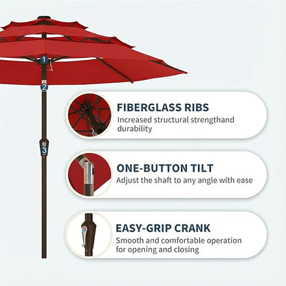 PatioKingdom 9ft 3-Tier Patio Market Umbrella with Crank/Tilt, Commercial Heavy Duty Wind Proof,Outdoor Table Umbrella with 8 Fiberglass Ribs,UPF50+ for Deck,Pool,Garden,Backyard (Red)