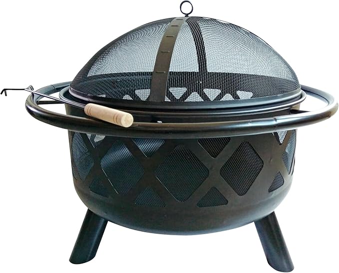 Teamson Home Round Steel Outdoor Fire Pit Outside Wood Burning Firepit Bonfire with Firebowl, Poker, Mesh Screen for Patio Garden Backyard BBQ, 30 Inch, Black