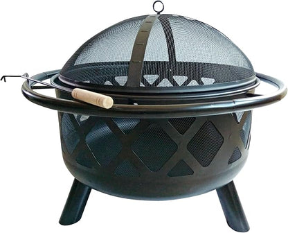 Teamson Home Round Steel Outdoor Fire Pit Outside Wood Burning Firepit Bonfire with Firebowl, Poker, Mesh Screen for Patio Garden Backyard BBQ, 30 Inch, Black