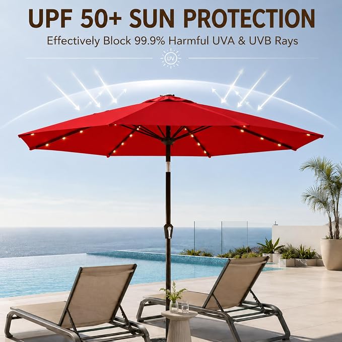 11FT Solar Lighted Patio Umbrella, Outdoor Table Market Umbrellas with Crank Lift, 32 LED Lights, 8 Sturdy Ribs, UV-Resistant for Deck, Garden, Pool