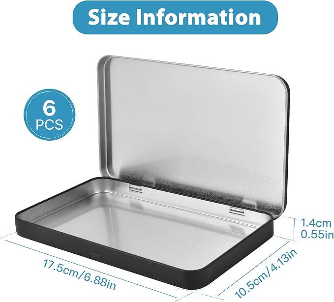 6 Pcs Metal Rectangular Hinged Tin Boxes with Lid, Mini Portable Empty Box Container, Small Black Tin with Lid for Home or Outdoor Active Storage (Black)