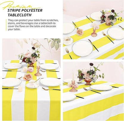 2 Pack Yellow and White Striped Rectangular Tablecloth, 84x60 inches, Polyester Fabric, Washable, For Afternoon Tea, Birthday Party, Picnic, Barbecue Gathering