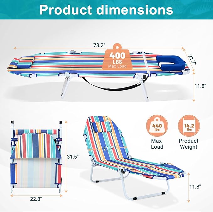MOPHOTO Tanning Chair, 5-Position Sunbathing Lounge Chair with Face Hole, Folding Chaise Lounger for Pool Beach Patio