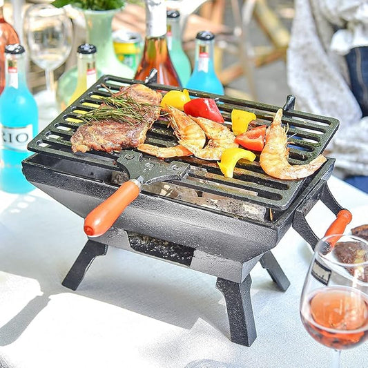 Sungmor Heavy Duty Cast Iron BBQ Grill - Indoor Outdoor Tabletop Small Charcoal Grill Stove - 31.5 x 19CM, Rectangle - Ideal Smoker Grill for Barbecues, Camping, Picnics, Parties
