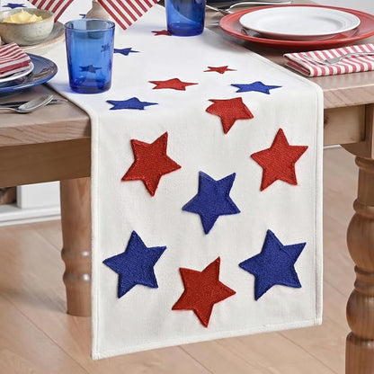 Artoid Mode Soft Chain Embroidery Patriotic Stars 4th of July Table Runner, Memorial Day Kitchen Dining Table Decoration for Home Party Decor 13x72 Inch