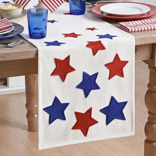 Artoid Mode Soft Chain Embroidery Patriotic Stars 4th of July Table Runner, Memorial Day Kitchen Dining Table Decoration for Home Party Decor 13x72 Inch