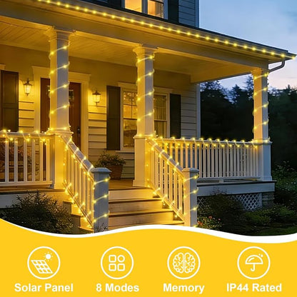 YEGUO Solar Rope Lights Outdoor Waterproof, 66ft 200 LED Warm White String Lights, 8 Modes Fairy Lights in Clear Thin Tube