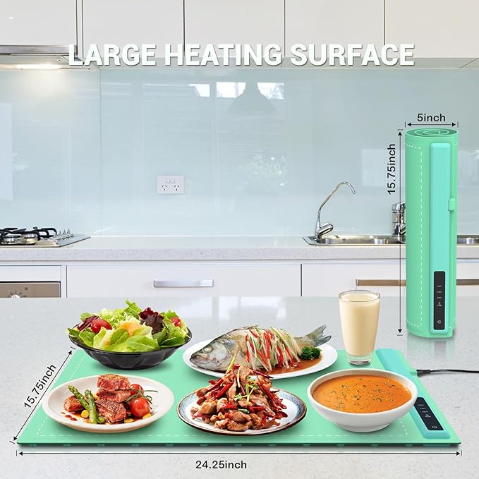 Electric Warming Tray - 3 Modes &Full Surface Heating,Rollable & Portable,Premium Silicone Nano-Material,3 Temperature Settings,Auto Shut-Off -Versatile Food Warmer for Gatherings,Parties (Green)