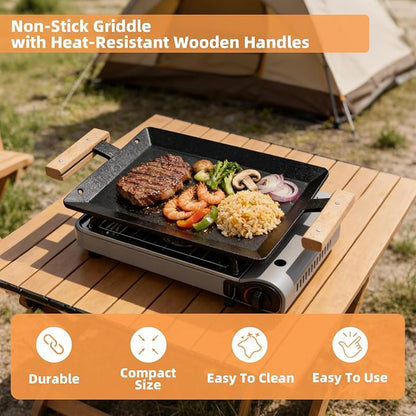 17 Inch Pre-Seasoned Carbon Steel Griddle for Stoves and BBQ Grills | Universal Flat Top Grill Plate with Anti-Scald Wood Handle, for Double Burner, Induction, Gas and Charcoal Grills