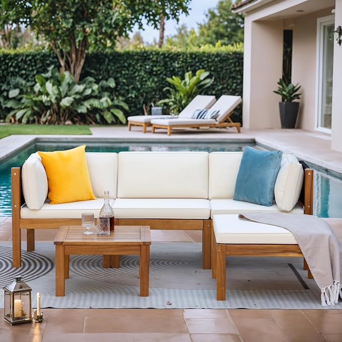 Greesum 5 Pieces Small Patio Sofa, Acacia Wood Outdoor Conversation Sets with Tea Table for Garden Porch and Backyard, Beige