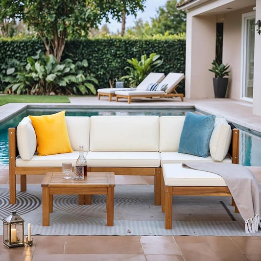 Greesum 5 Pieces Small Patio Sofa, Acacia Wood Outdoor Conversation Sets with Tea Table for Garden Porch and Backyard, Beige