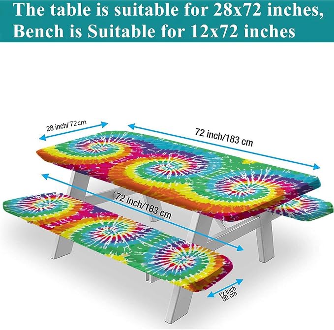 Rainbow Picnic Tablecloth and Bench Cover, 3 Piece Set, Digital Spiral Colored Psychedelic Fitted Table Cloths for Indoor Outdoor, Party, Patio Use, 72x28 in