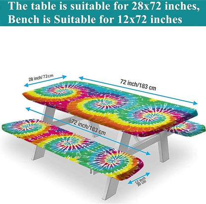 Rainbow Picnic Tablecloth and Bench Cover, 3 Piece Set, Digital Spiral Colored Psychedelic Fitted Table Cloths for Indoor Outdoor, Party, Patio Use, 72x28 in