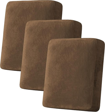 H.VERSAILTEX Velvet Stretch Couch Cushion Cover Plush Cushion Slipcover for Chair Loveseat Sofa Cushion Furniture Protector Seat Cushion Sofa Cover (3 Piece Sofa Cushion Covers, Bronze Brown)