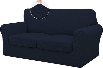 ISSUNTEX 3 Pieces High Stretch Thicken Loveseat Couch Covers, Soft Sofa Slipcover for 2 Separate Cushion Couch, Jacquard Fabric Elastic Sofa Cover Furniture Protector for Dogs (Loveseat, Navy)