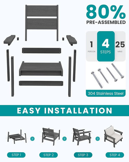 SERWALL Outdoor Patio Furniture Set, 5 Piece HDPE Patio Conversation Sets, All-Weather Wood-Like Outdoor Couch Loveseat and Coffee Table with Thick Cushions for Porch Balcony Garden Backyard