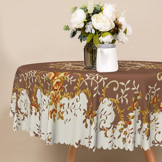 French Floral Circle Tablecloth Brown Flowers Tablecloths Vintage Luxury Classic Design Waterproof Rectangle Polyester Resistant Round Table Cover for Picnic Dinner Decor 70 Inch