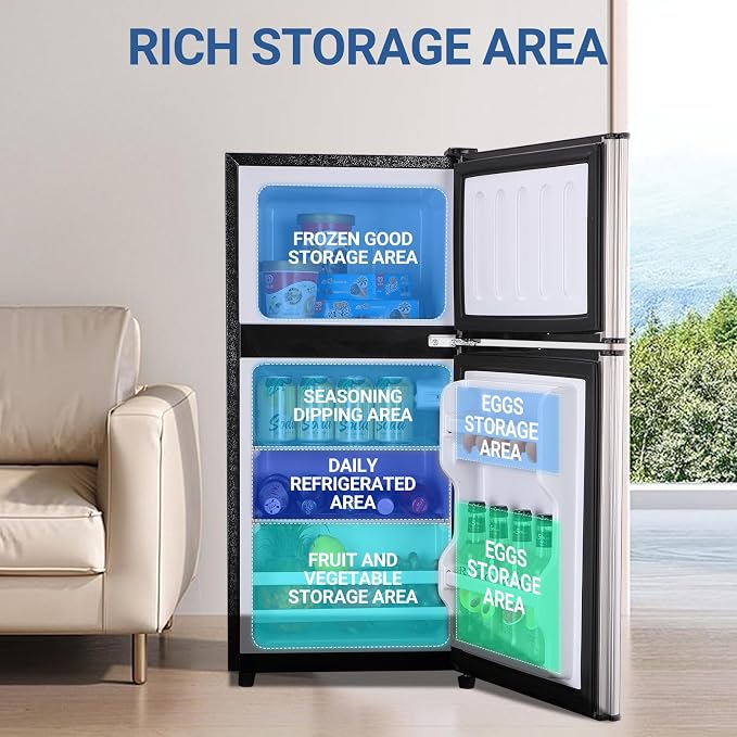 Mini Fridge with Freezer 4.0 Cu.Ft. Double-Door Mini Refrigerator Low Noise | 7-Level Adjustable Thermostat & Adjustable Glass Shelves, Compact Dorm Fridge 37 dB Low Noise for Bedroom, Apartment, Silver