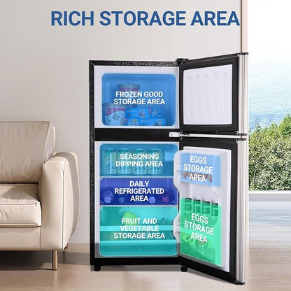 Mini Fridge with Freezer 4.0 Cu.Ft. Double-Door Mini Refrigerator Low Noise | 7-Level Adjustable Thermostat & Adjustable Glass Shelves, Compact Dorm Fridge 37 dB Low Noise for Bedroom, Apartment, Silver