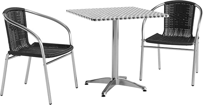 Flash Furniture 27.5'' Square Aluminum Indoor-Outdoor Table Set with 2 Black Rattan Chairs | Indoor/Outdoor Use, Black Rattan Chairs