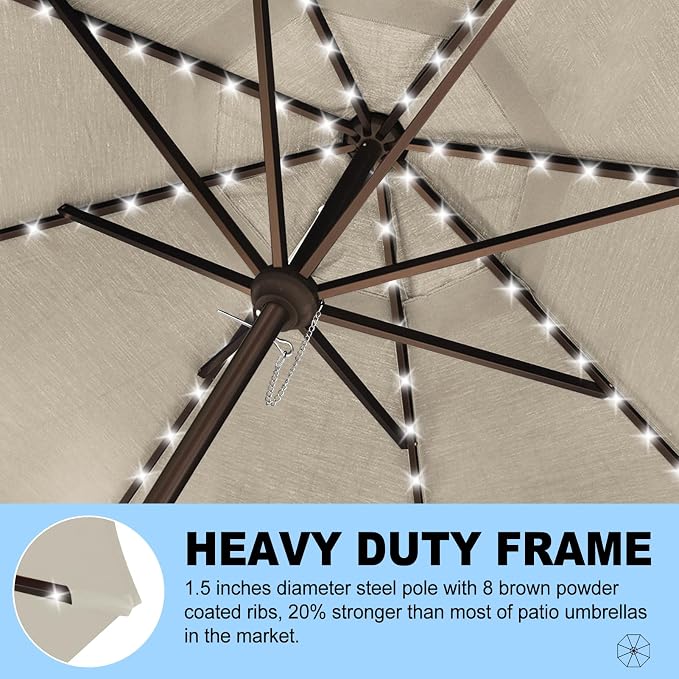 Eurmax USA 10-Year-Non-Fading 10FT Outdoor Patio Market Umbrella with LED Lights,UPF50+ UV Resistant,Heavy Duty Commercial Grade,Crank Lift Design,Windproof Vented Top for Garden,Pool,Deck,Antique Beige