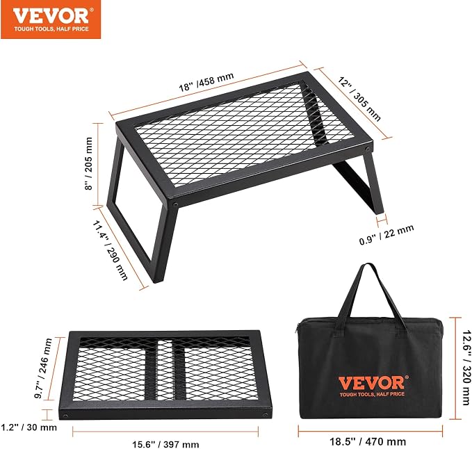 VEVOR Folding Campfire Grill, 18" Portable Camping Grates Over Fire Pit, Heavy Duty Steel Mesh Grate, Camp Fire Cooking Equipment with Legs Carrying Bag, Grilling Rack for Outdoor Open Flame Cooking