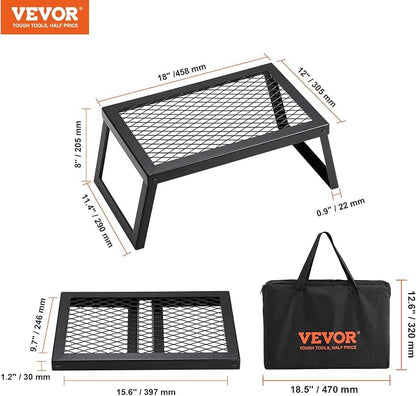 VEVOR Folding Campfire Grill, 18" Portable Camping Grates Over Fire Pit, Heavy Duty Steel Mesh Grate, Camp Fire Cooking Equipment with Legs Carrying Bag, Grilling Rack for Outdoor Open Flame Cooking