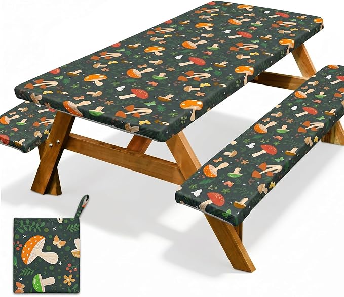 Picnic Table Cover with Bench Covers Windproof Waterproof Picnic Table Covers Camping Tablecloth with Self-Storage Bag, 72in, Black Red