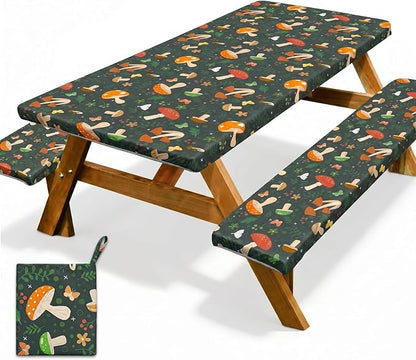 Picnic Table Cover with Bench Covers Windproof Waterproof Picnic Table Covers Camping Tablecloth with Self-Storage Bag, 72in, Black Red