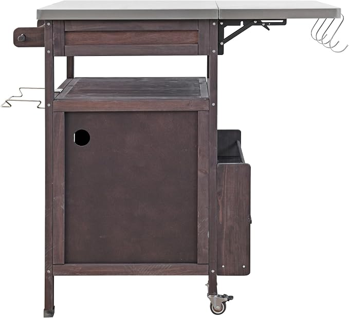 YOPTO 40.5" Outdoor Grill Cart,100% Fir Wood,Stainless Steel Top,Drop Leaf,Lockable Wheels,Towel Rack,Drawer,Rolling Kitchen Cart for Lawn & Garden,Brown