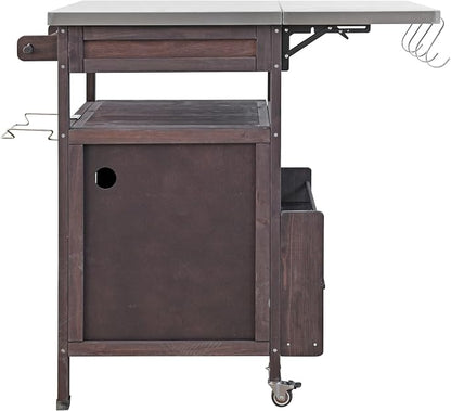 YOPTO 40.5" Outdoor Grill Cart,100% Fir Wood,Stainless Steel Top,Drop Leaf,Lockable Wheels,Towel Rack,Drawer,Rolling Kitchen Cart for Lawn & Garden,Brown