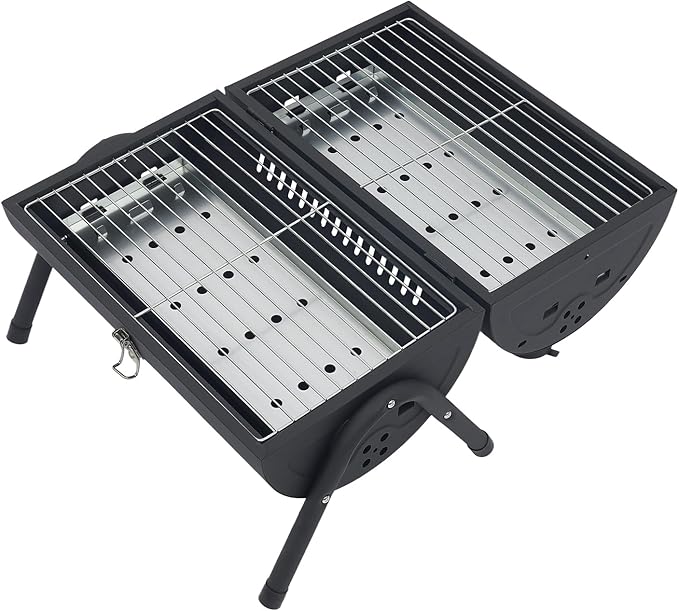 Portable Charcoal Grill,17 In Tabletop Charcoal Grill With 2 Baking Nets + Wooden Handle, Double-Sided Grilling, Bbq Charcoal Grills For Outdoor Cooking Camping, Picnics, Backyard. (Black)