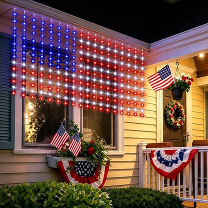 American Flag Curtain Light, USB Powered, 234 LEDs Red White Blue Patriotic American Flag Decor for 4th of July, National Holidays, Memorial Day, Indoor Outdoor Home Porch Courtyard Decoration