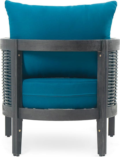 Christopher Knight Home Newine Acacia Wood Patio Accent Chair, Wooden Lounge Chair Outdoor, Wicker Club Chair with Removable Cushion, Comfy Reading Chair for Backyard/Garden/Balcony, Black+Dark Teal