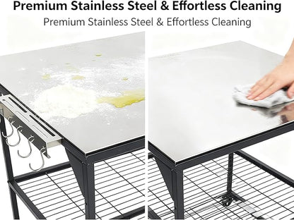 Three-Shelf Movable Stainless Steel & Steel Outdoor Dining Cart Table Pizza Oven Protable Grill and Heavy Duty Grill Cart Outdoor Table