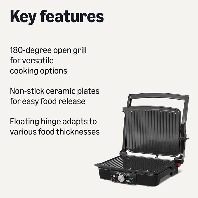 Amazon Basics Panini Press & Electric Indoor Grill with Adjustable Temperature Settings, Non-Stick Ceramic Plates, Black