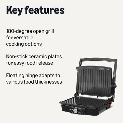 Amazon Basics Panini Press & Electric Indoor Grill with Adjustable Temperature Settings, Non-Stick Ceramic Plates, Black