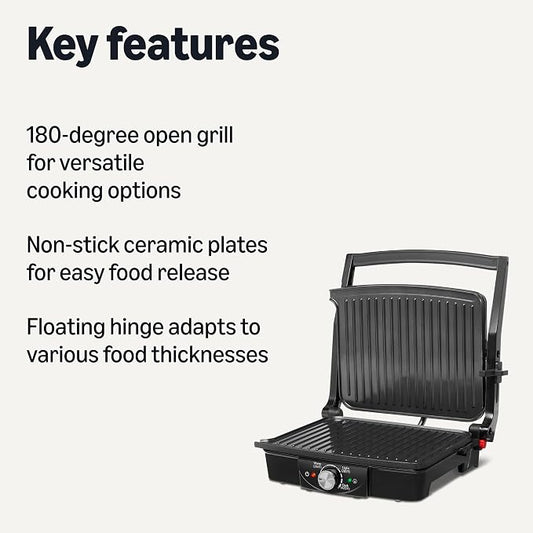 Amazon Basics Panini Press & Electric Indoor Grill with Adjustable Temperature Settings, Non-Stick Ceramic Plates, Black