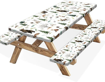 Picnic Table Cover with Bench Covers, Camping Essentials, Funny Rustic Woodland Animals Dear Beer Fox Table Cover Waterproof Fitted Tablecloth Cover with Elastic Edge for Outdoor 3 PCS 30x60 Inch